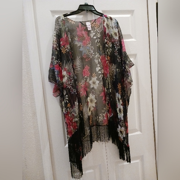 SO Jackets & Blazers - Kimono Black Pink Gold Floral Sheer Fringe Cardigan One Size